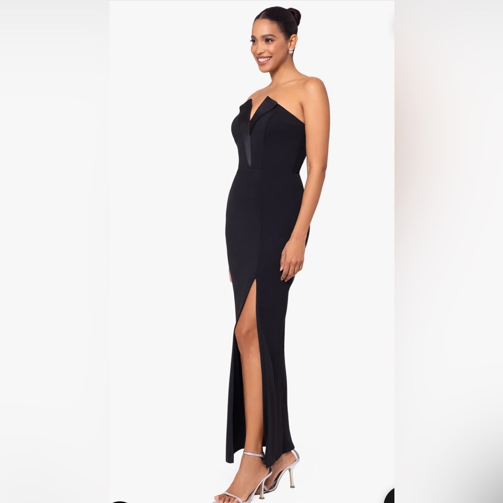 Betsy & Adam Black "Violette" Long Strapless V Neck Tuxedo Dress
